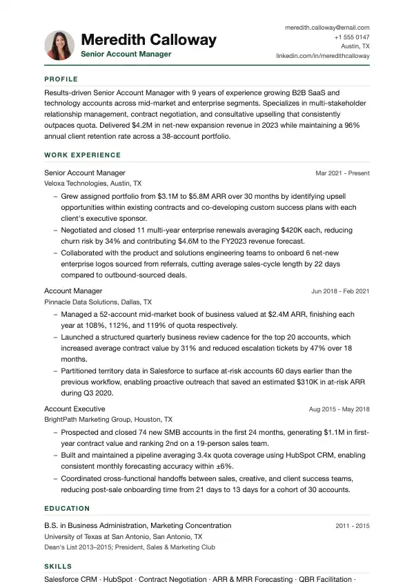 Przykład CV, Opiekun klienta