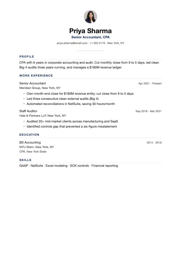 Przykład CV, Księgowy
