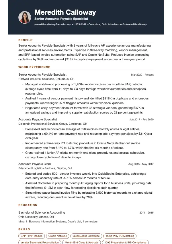 Specialist i kreditorbogholderi CV-eksempel