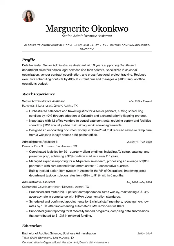 Przykład CV, Asystent administracyjny