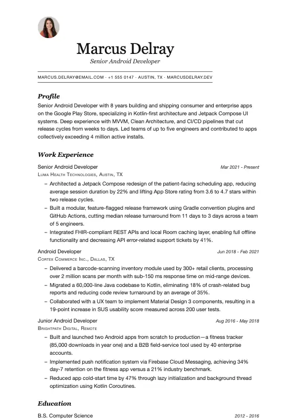 Android-udvikler CV-eksempel