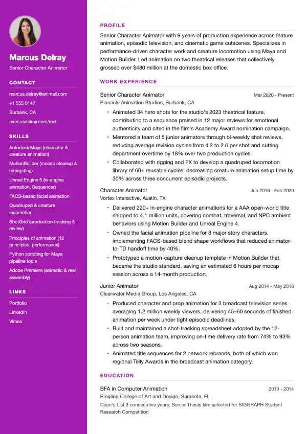 Animator CV-eksempel