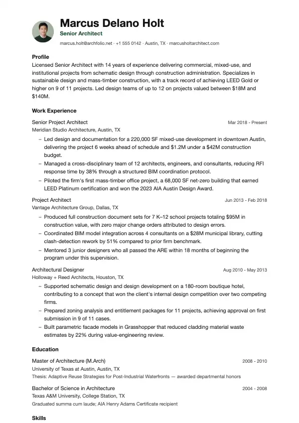 Arkitekt CV-eksempel