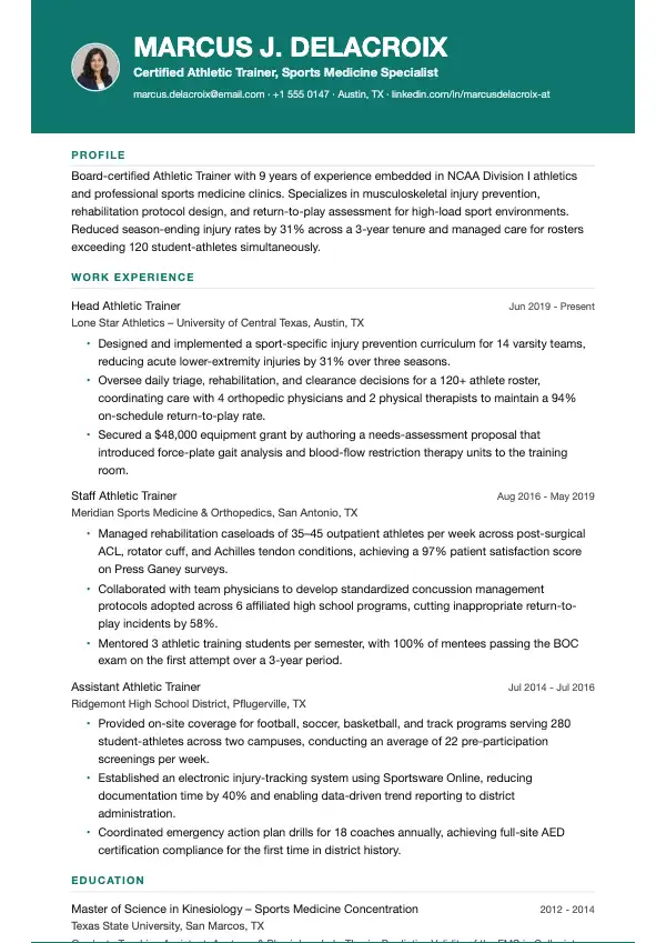 Przykład CV, Fizjoterapeuta sportowy
