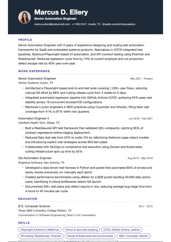 Testautomatiseringsingeniør CV-eksempel