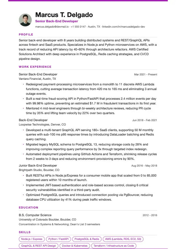 Backend-udvikler CV-eksempel