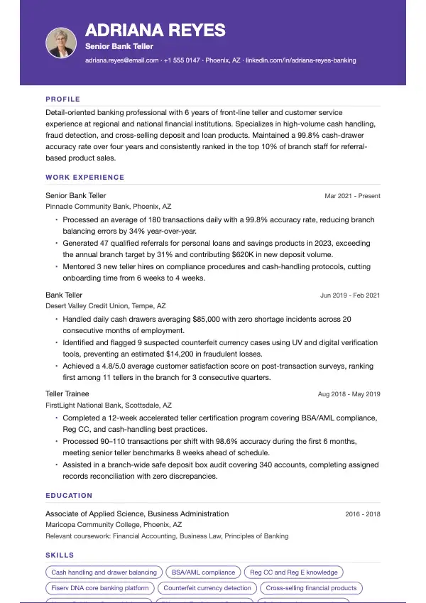 Kassemedarbejder i bank CV-eksempel