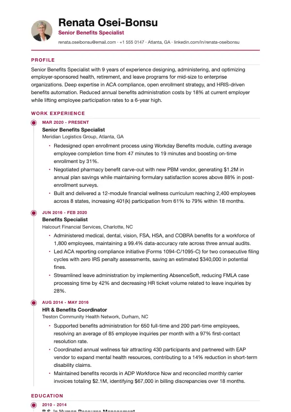Benefits-specialist CV-eksempel