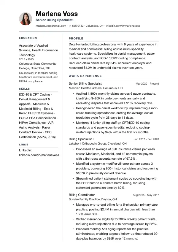 Przykład CV, Specjalista ds. rozliczeń
