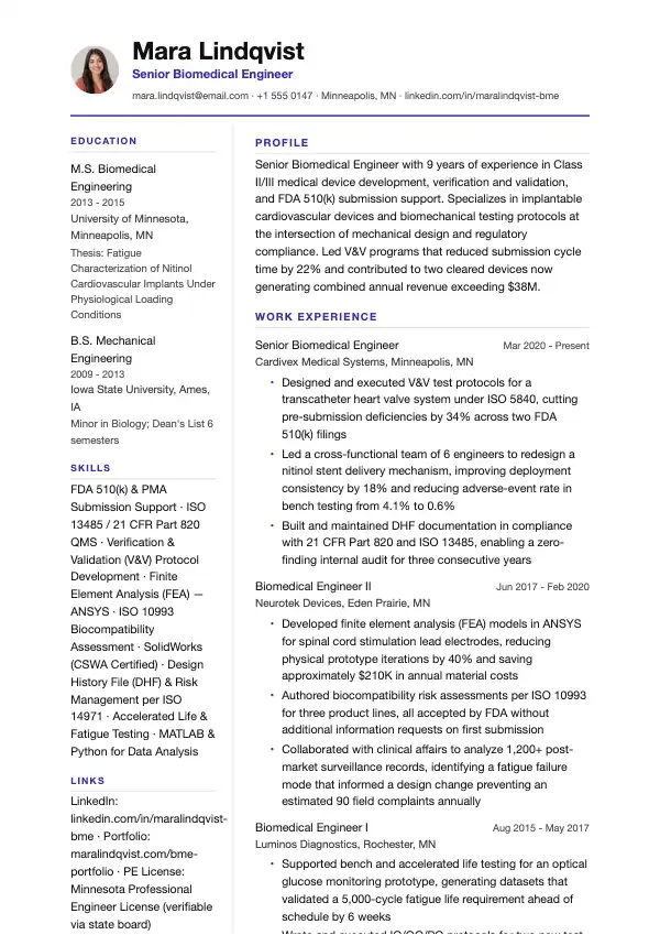 Biomedicinsk ingeniør CV-eksempel