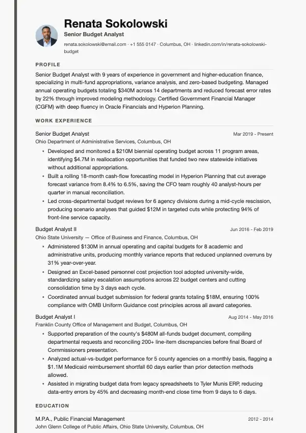 Przykład CV, Analityk budżetowy