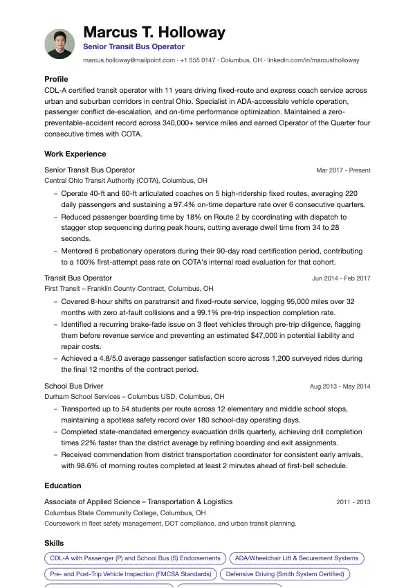 Przykład CV, Kierowca autobusu