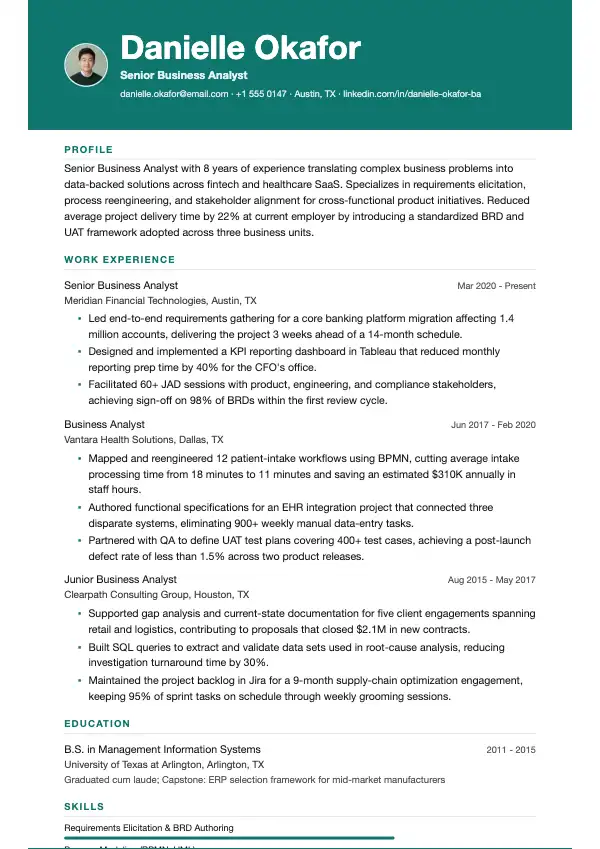 Przykład CV, Analityk biznesowy