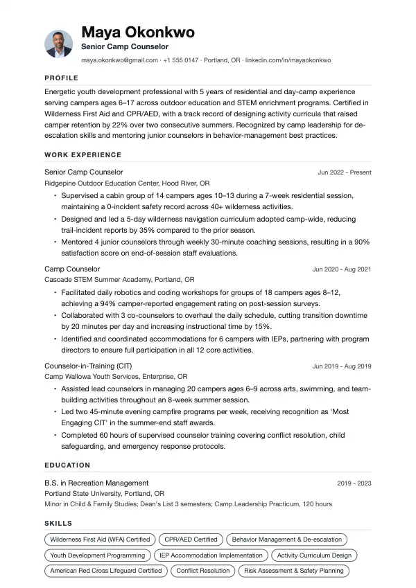 Lejrleder CV-eksempel