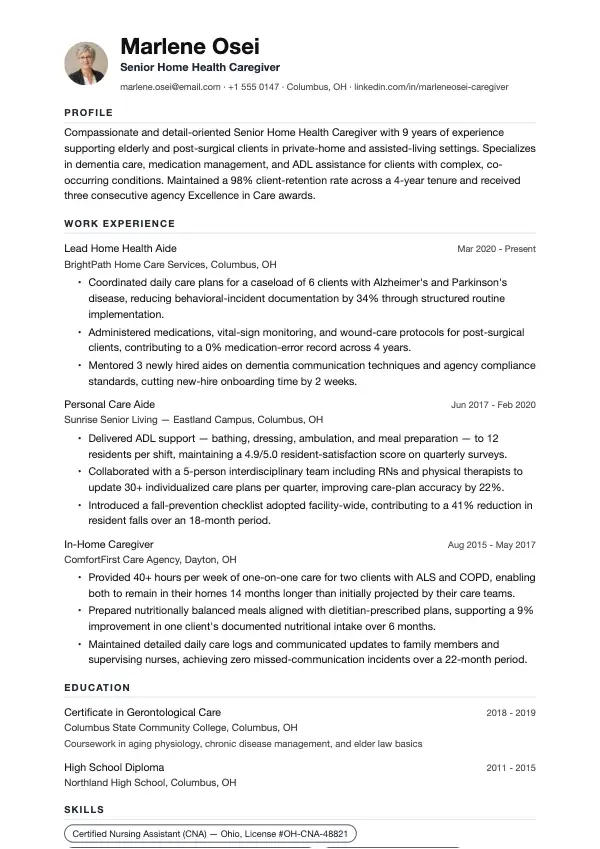 Omsorgsmedarbejder CV-eksempel