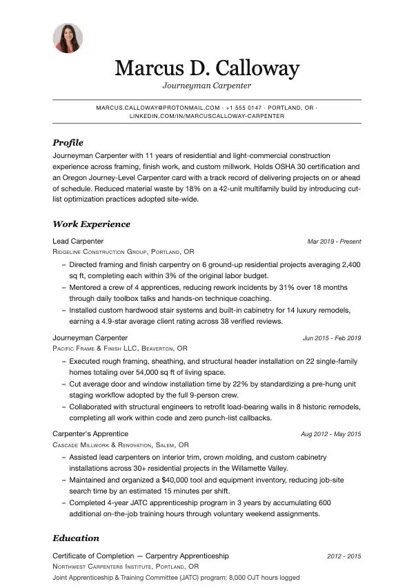 Przykład CV, Stolarz budowlany