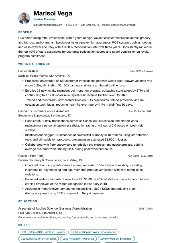 Przykład CV, Kasjer