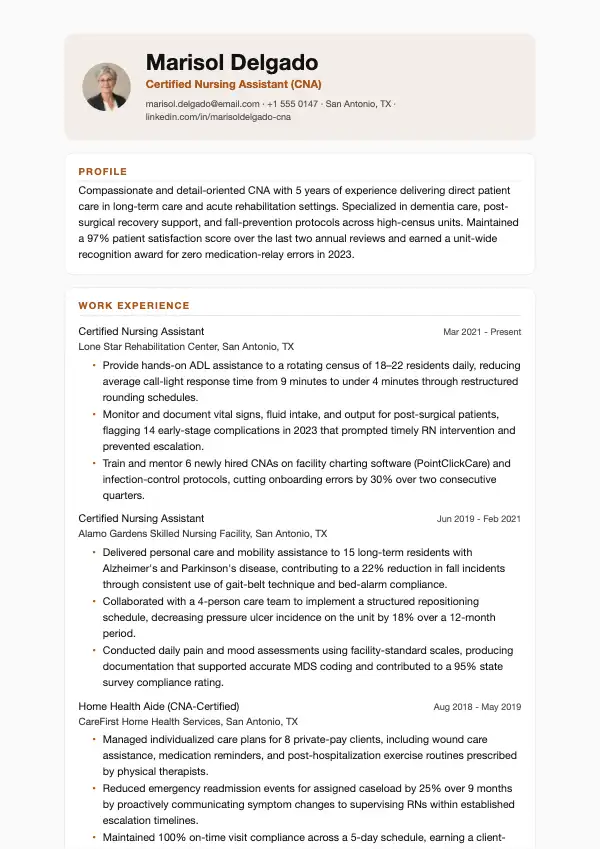 Social- og sundhedshjælper (CNA) CV-eksempel
