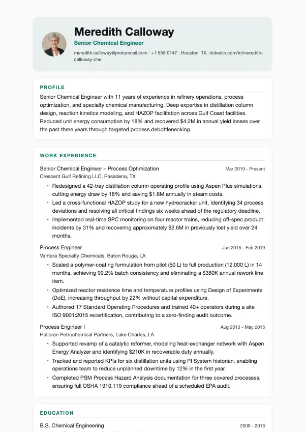 Przykład CV, Inżynier chemiczny