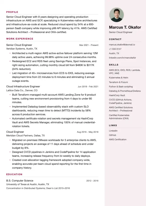 Cloud-ingeniør CV-eksempel