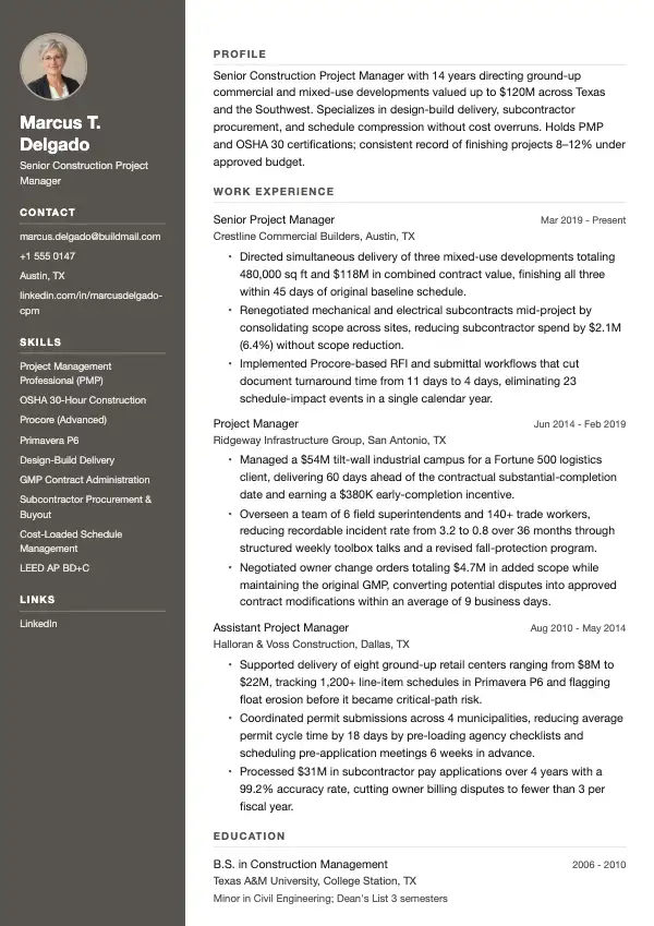 Byggeprojektleder CV-eksempel