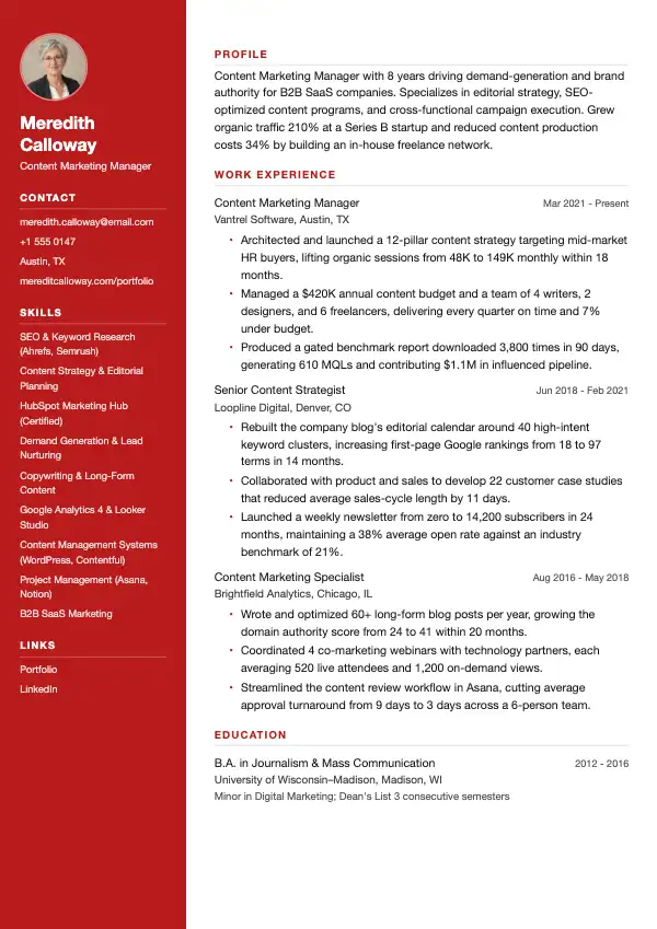 Przykład CV, Menedżer content marketingu