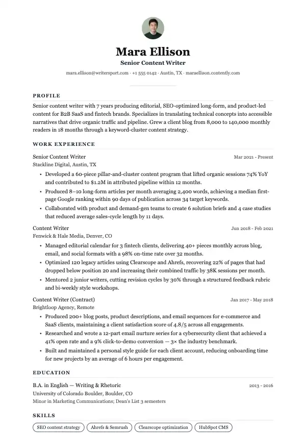Content-skribent CV-eksempel