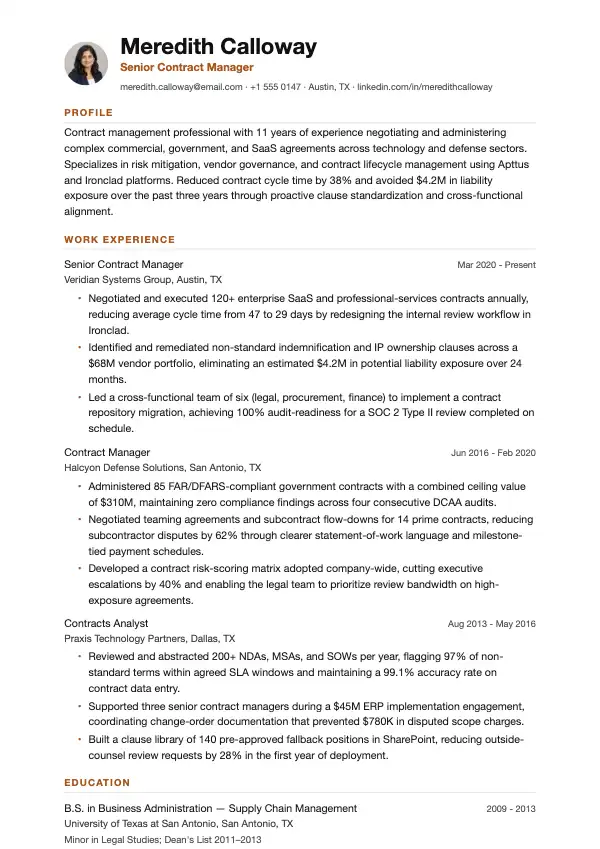 Przykład CV, Kierownik ds. umów