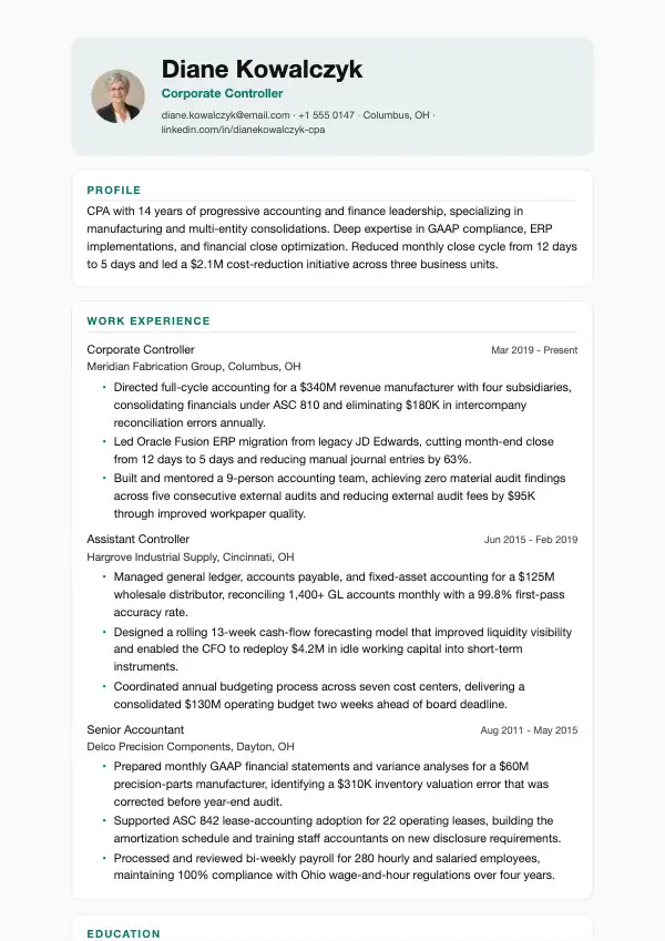 Przykład CV, Kontroler finansowy