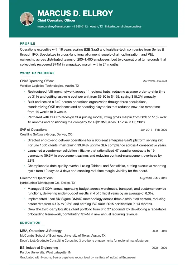 Driftsdirektør (COO) CV-eksempel