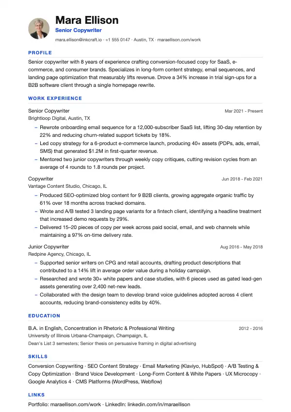 Tekstforfatter CV-eksempel