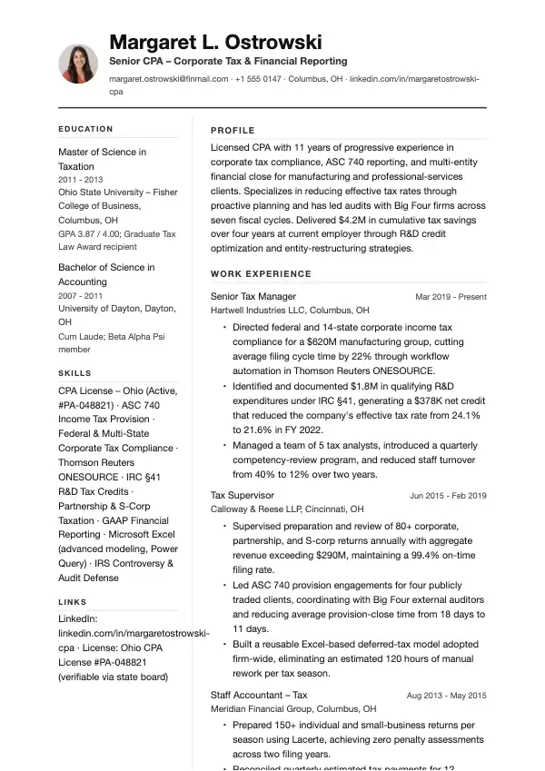 Statsautoriseret revisor (CPA) CV-eksempel