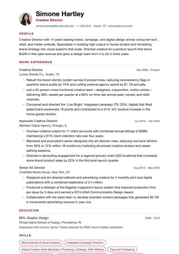 Przykład CV, Dyrektor kreatywny