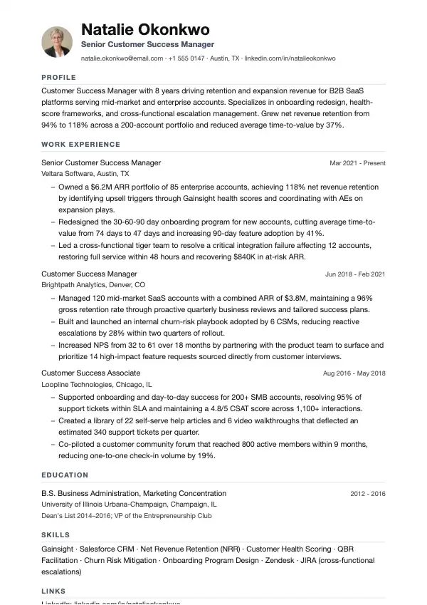 Przykład CV, Menedżer ds. sukcesu klienta