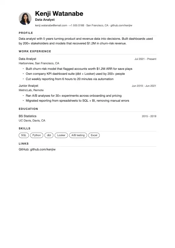 Przykład CV, Analityk danych