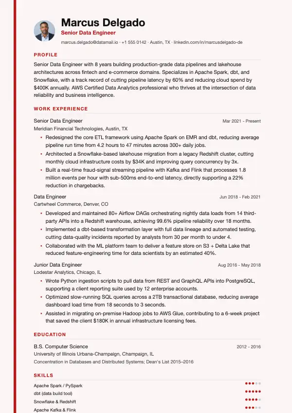 Dataingeniør CV-eksempel