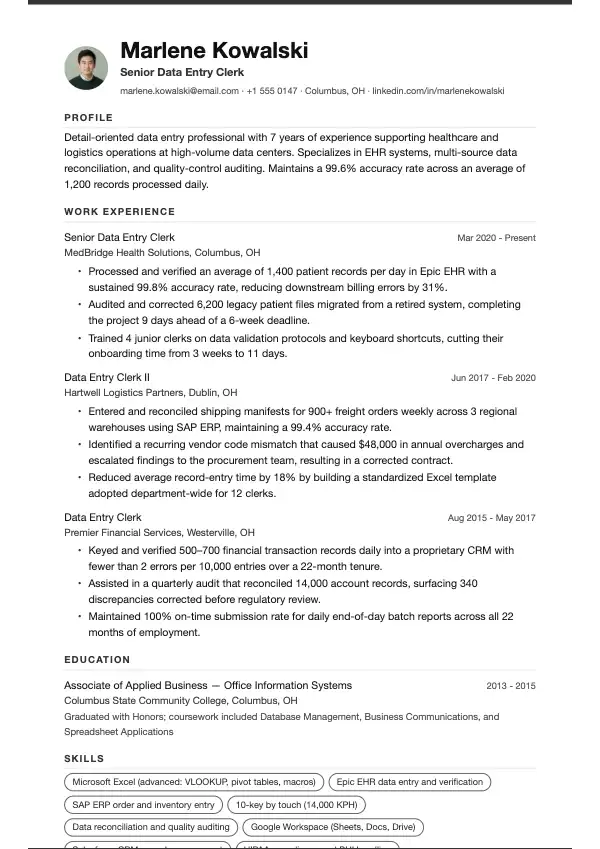 Dataregistreringsmedarbejder CV-eksempel