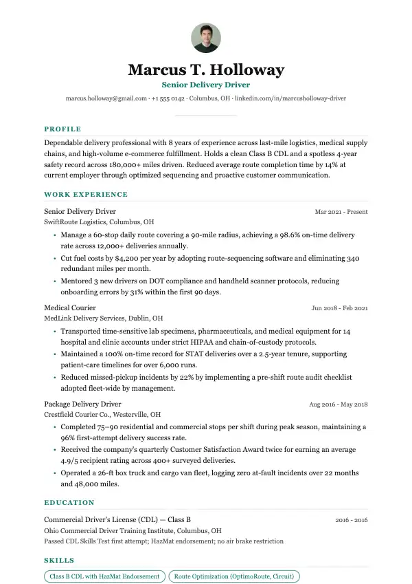 Przykład CV, Kierowca-dostawca