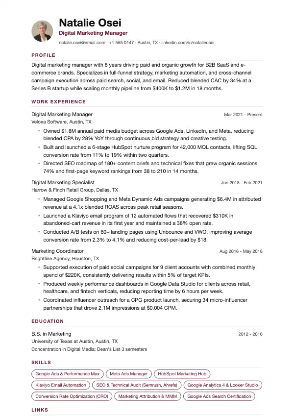 Przykład CV, Menedżer marketingu cyfrowego