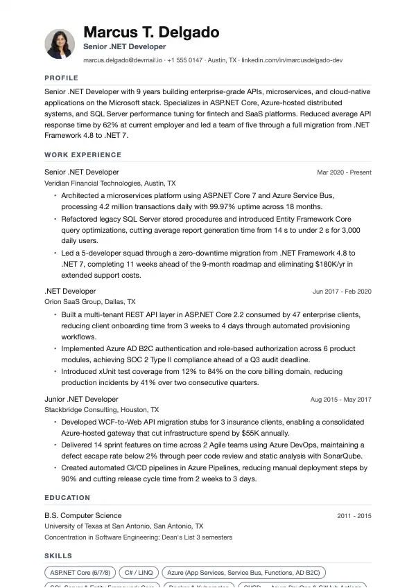 .NET-udvikler CV-eksempel
