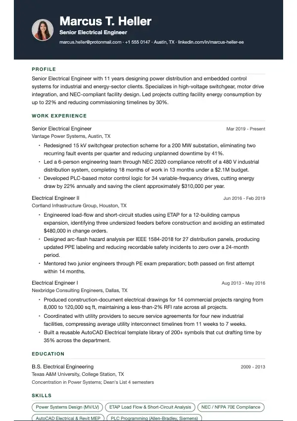Przykład CV, Inżynier elektryk