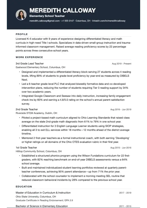 Lærer i indskolingen CV-eksempel