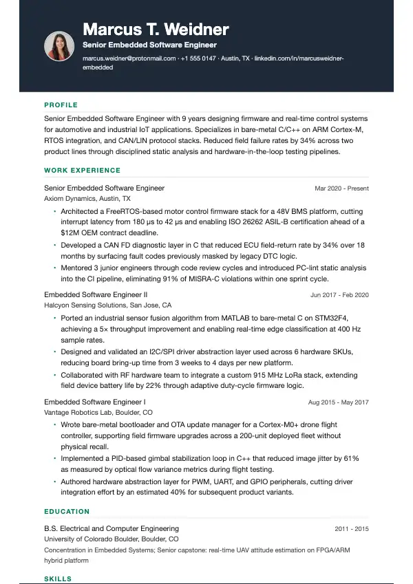 Przykład CV, Inżynier oprogramowania wbudowanego