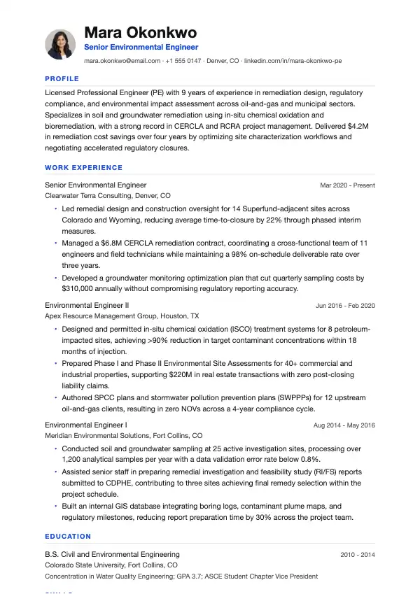 Miljøingeniør CV-eksempel
