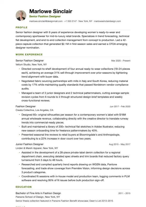 Modedesigner CV-eksempel
