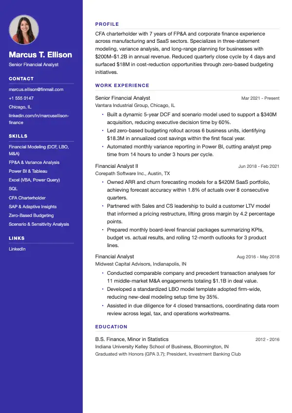 Finansanalytiker CV-eksempel
