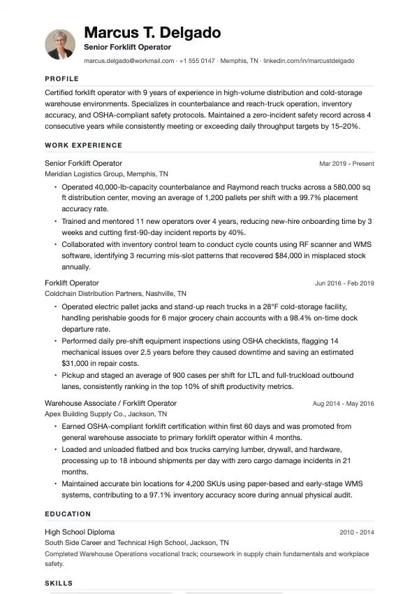 Przykład CV, Operator wózka widłowego