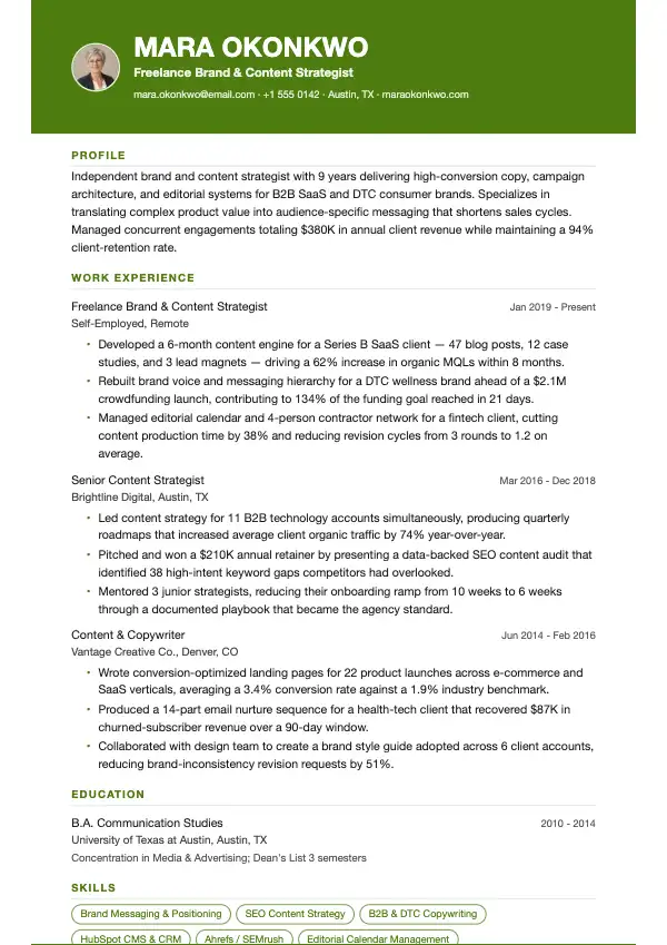 Freelancer CV-eksempel
