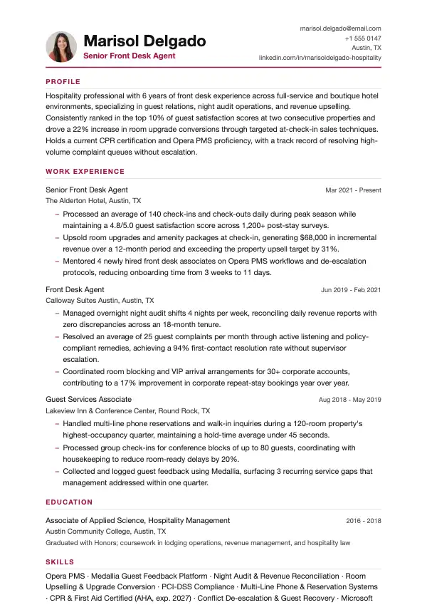 Hotelreceptionist CV-eksempel