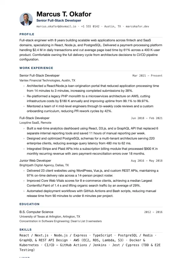 Fullstack-udvikler CV-eksempel